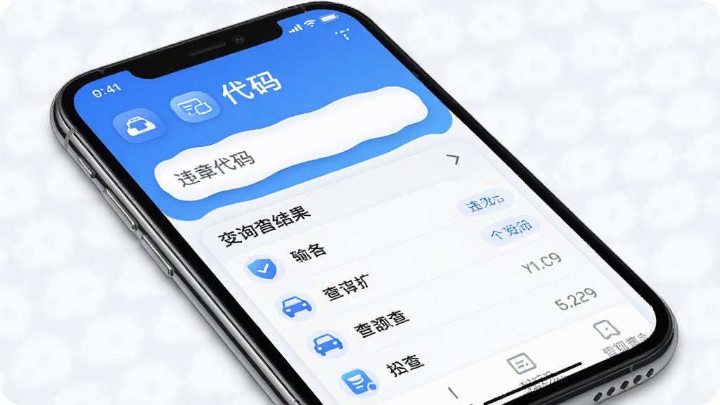 交规违章代码查询软件主界面,手机屏幕显示违章代码输入框和查询结果列表,背景为简洁的蓝白配色,界面布局清晰,图标圆润,整体风格现代干净,高画质,无多余元素