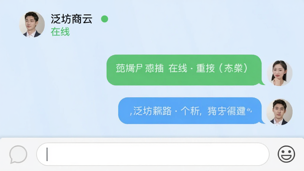 泛坊商云聊天界面,模拟两人对话气泡,上方显示联系人名称和在线状态,底部有输入框和表情图标,背景为浅蓝色,整体风格清爽,画质干净,无多余元素