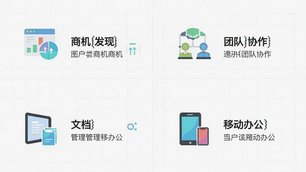 泛坊商云功能展示,画面分为四个象限,分别代表商机发现、团队协作、文档管理和移动办公,每个象限有图标和简短文字说明,背景为浅灰色网格,风格扁平化,色彩清新,画质干净,无多余元素