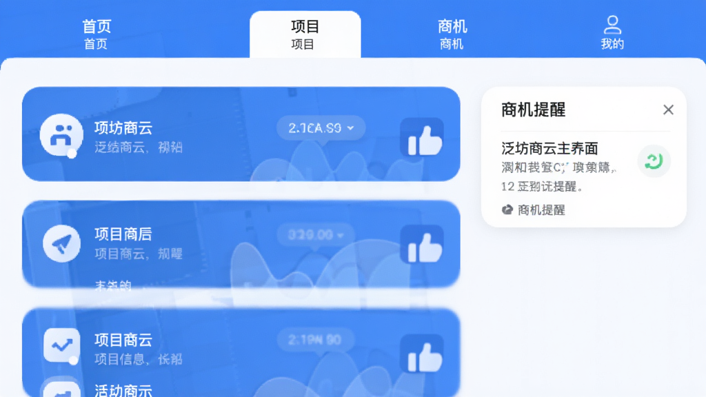 泛坊商云主界面,展示项目列表和商机提醒,采用简洁商务风格,顶部导航栏有“首页”“项目”“商机”“我的”四个标签,中部为卡片式信息流,配以蓝白主色调,图标圆润清晰,画质干净,无多余元素