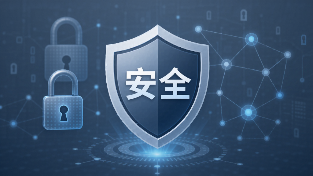 泛坊商云安全防护概念图,画面中央为盾牌图标,盾牌上带有“安全”字样,背景为数字锁和网络节点,色调以蓝灰色为主,风格简洁科技,画质干净,无多余元素