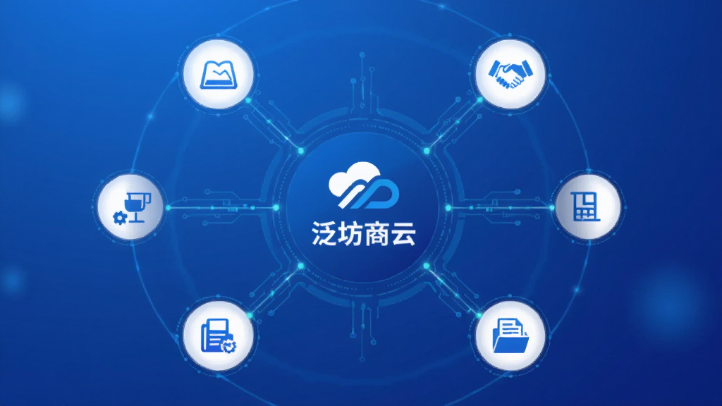 泛坊商云功能结构图,采用中心辐射状布局,中心为“泛坊商云”Logo,四周环绕商机、协作、项目、文档等图标,背景为渐变蓝色,线条简洁,风格科技感,画质清晰,无多余元素