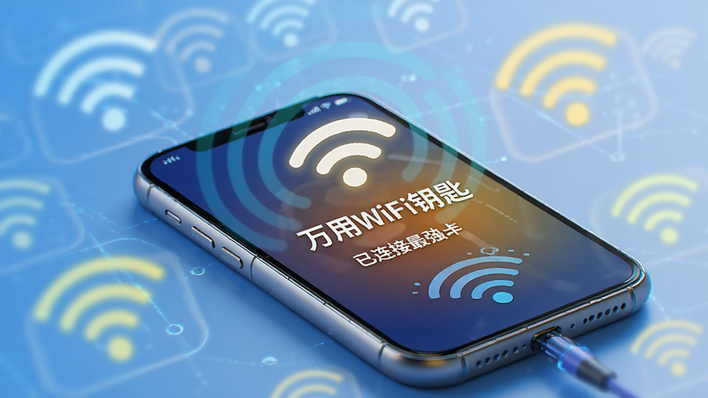 һ�Ŷ�̬ʾ��ͼ��������һ���ֻ����ӵ�һ���ź���ǿ��WiFi�ȵ㣬��Χ�ж�����ź�WiFiͼ�걻�黯��ͻ����ʾ������WiFiԿ�ס���������ǿ�źţ����Ƽ���ǿ��ɫ��������ϸ�ڷḻ�������������޶���Ԫ�ء�