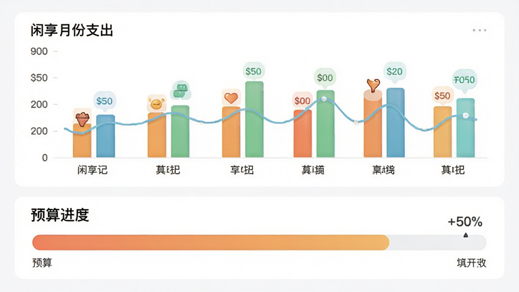 闲享记特色功能展示图,上方为柱状图统计不同月份支出,下方为预算进度条,界面颜色鲜艳但不刺眼,数据可视化清晰,图标精细,整体排版整洁,画质高清,干净无多余装饰