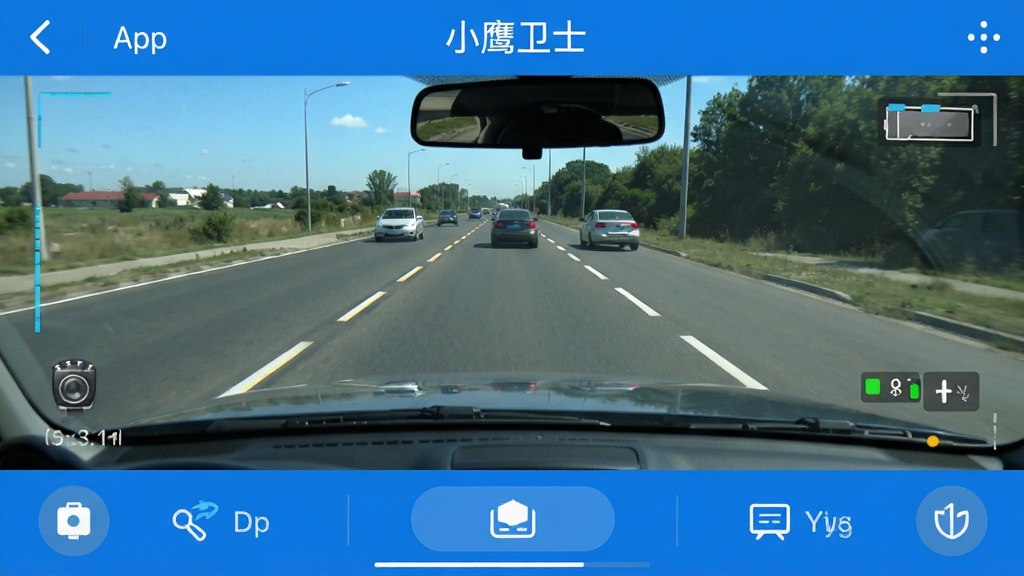 小鹰卫士App界面截图,展示行车记录仪实时画面,清晰显示道路状况,界面简洁,功能按钮排列整齐,图标清晰,整体风格现代,蓝色主调,高清画质,无多余元素