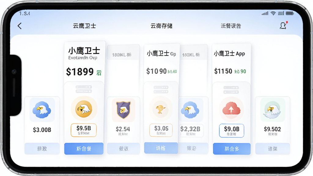 小鹰卫士App界面,展示云存储套餐购买页面,价格清晰,包含多种套餐选择,图标简洁,背景为白色,排版整齐,风格商务,高清渲染,干净无多余元素