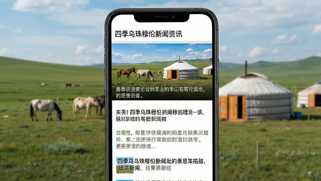 四季乌珠穆沁新闻资讯界面,主体为手机界面,上方是头条新闻图片,下方是文字列表,背景是草原与蒙古包,布局清晰,风格自然,细节丰富,画质高清,干净无多余元素
