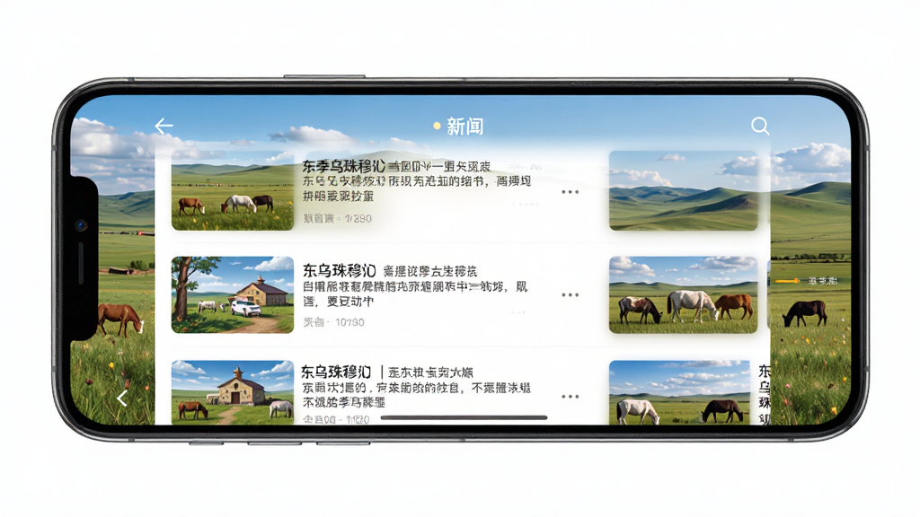 四季乌珠穆沁APP界面展示,主体为一款智能手机屏幕,屏幕上清晰显示APP首页新闻列表,背景是东乌珠穆沁旗草原风光,布局简洁,排版有序,风格现代,细节丰富,画质高清,干净无多余元素