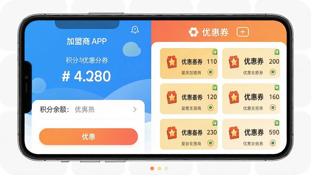 爱亲加盟商APP的积分与优惠券界面设计展示,左侧显示积分余额,右侧列举优惠券列表,色彩明亮,界面整洁,画质干净无多余元素
