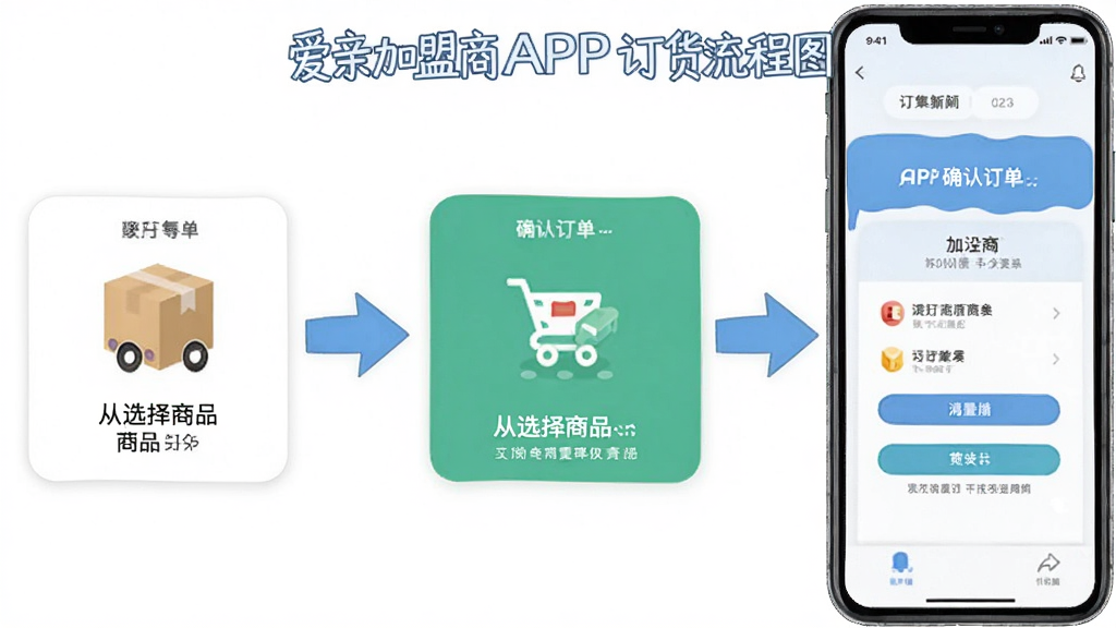 爱亲加盟商APP订货流程图,从选择商品到确认订单的步骤演示,界面清晰,配有箭头指示,画质干净无多余元素