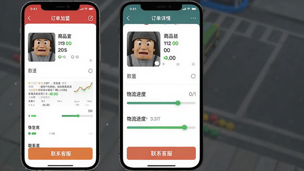 爱亲加盟商APP订单详情界面,展示商品图片、数量、物流进度条,界面底部有联系客服按钮,整体风格清晰直观,画质干净无多余元素