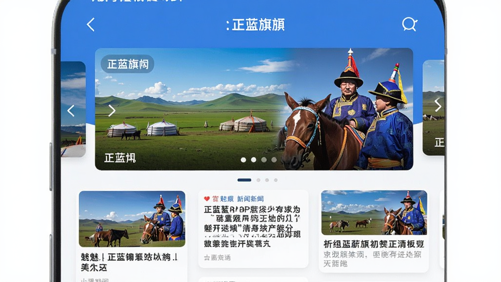 手机屏幕展示魅力正蓝旗APP首页界面,布局清晰,上方轮播图展示正蓝旗草原风光与蒙古族文化元素,下方信息流排列新闻资讯卡片,整体风格简洁明快,色彩以蓝白为主,画质干净无多余元素