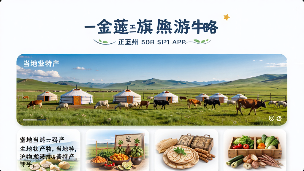 魅力正蓝旗APP旅游攻略板块,展示金莲川草原夏季美景,远处有蒙古包和牛羊,版面设计美观,搭配文字介绍当地特产,画质高清,色彩自然,干净无多余元素