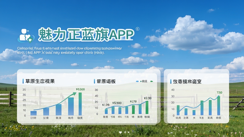 魅力正蓝旗APP专题报道页面,展示草原生态保护成果,背景为蓝天白云下的围封草场,配以数据图表说明,设计风格清新自然,画质干净无多余元素
