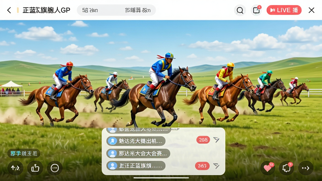 魅力正蓝旗APP直播页面,正在播放那达慕大会赛马比赛,画面中草原广阔,骑手策马奔腾,界面下方有评论互动弹窗,画质流畅清晰,色彩鲜艳明亮