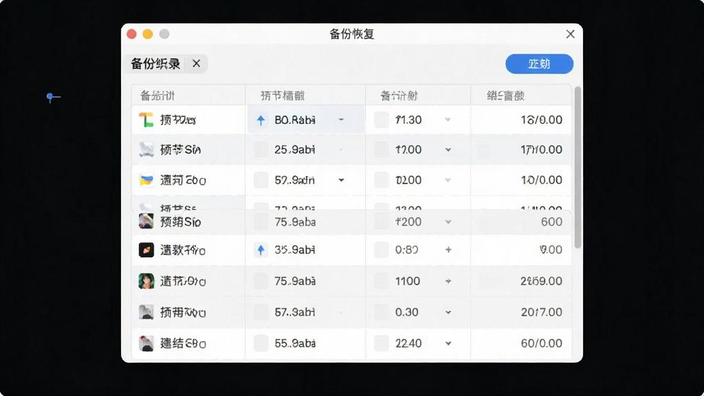 聊天记录免费一键备份恢复软件界面截图,展示备份列表,布局清晰,风格简约,细节丰富,画质干净,无多余元素
