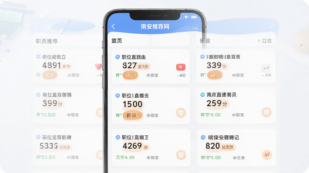 南安直聘网APP的职位推荐页面,主体为智能推荐列表,布局为卡片流,排版整齐,风格清新明亮,细节包括职位名称与薪资标签,画面干净无多余元素。