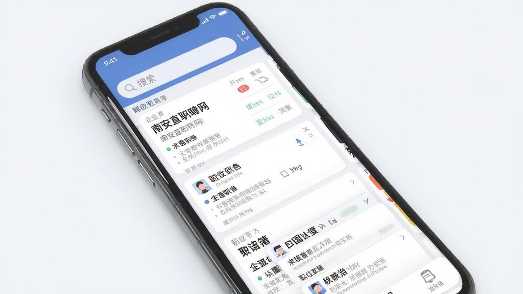 南安直聘网手机应用界面,展示企业列表与职位详情,主体为求职者正在浏览工作机会,布局清晰,排版简洁,风格现代扁平化,细节包括搜索栏与职位卡片,画面干净无多余元素。