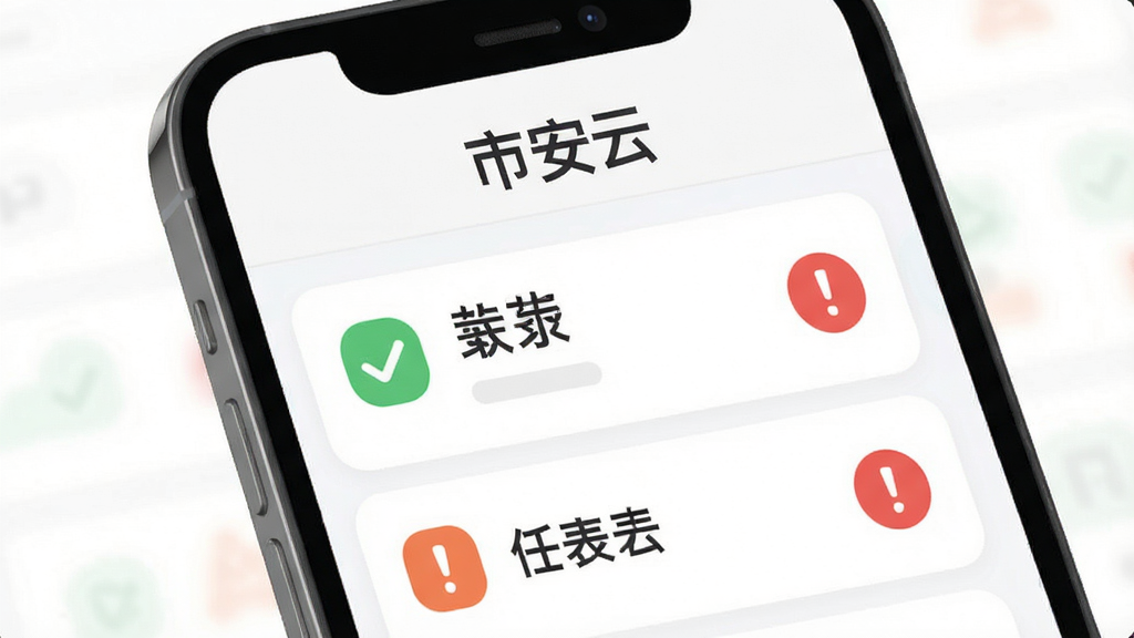市安云APP界面截图,主体为手机屏幕显示任务列表,布局清晰,上方有“市安云”文字标题,列表项包含绿色对勾和红色感叹号图标,风格扁平化,细节圆润,画质高清,文字“市安云”清晰可读,无多余元素