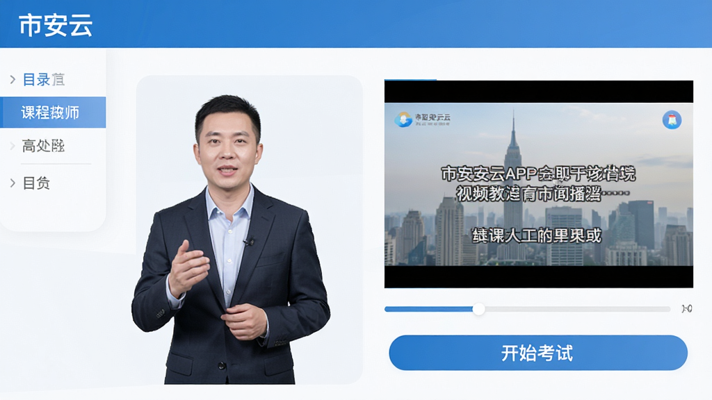 市安云APP内嵌培训视频播放页面,左侧是课程讲师讲解,右侧显示字幕和进度条,下方有“开始考试”按钮,整体界面清爽,风格教育,细节有目录导航,画质高清,文字“市安云”在左上角,无多余装饰