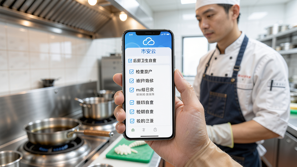 一位餐饮店主正在使用手机市安云APP进行后厨卫生自查,手机屏幕显示检查清单,背景是明亮的厨房,布局主体突出手机,风格写实,细节包括围裙、手套,画质干净高清,无多余杂物,文字“市安云”出现在手机屏幕上