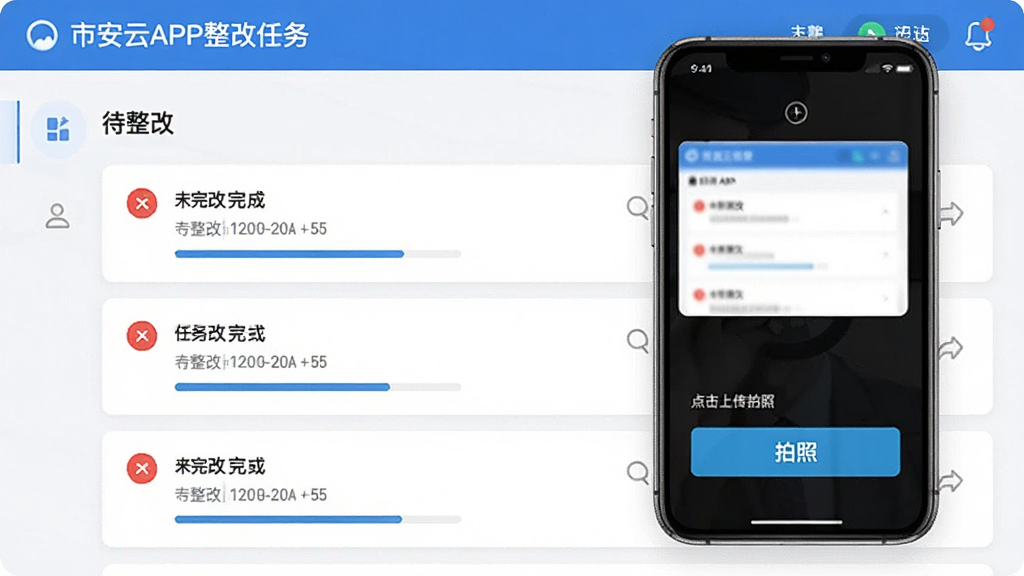 市安云APP整改任务界面,显示“待整改”列表,每条任务有红色未完成标记,点击后弹出拍照上传界面,界面简洁,主体为任务卡片布局,风格商务,细节有进度条,画质清晰,无多余元素