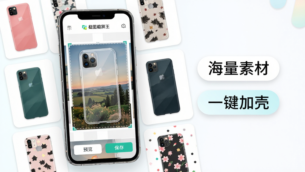 ���壺һ����װ�˽�ͼ������Ӧ�õ������ֻ�����Ļ����ʾ�Ÿ�һ�ŷ羰��Ƭ����͸���ֻ��ǵı༭���棬��Χɢ���ż��ͬ��ɫ��ͼ�����ֻ����ز�����ͼ�����֣��ֻ�����ƫ���Ҳ����״������š������زġ�����һ���ӿǡ������ֱ�ǩ���Ű棺�����࣬����ͼ���������У�����ִ���ƽ��UI��ƣ�ɫ���������£�ϸ�ڣ���Ļ�е�ͼƬ��Ե�а�͸�����߿�ѡ��״̬���ײ��С�Ԥ�����������桱��ť�����ʣ�������Ⱦ���ɾ����޶���Ԫ��