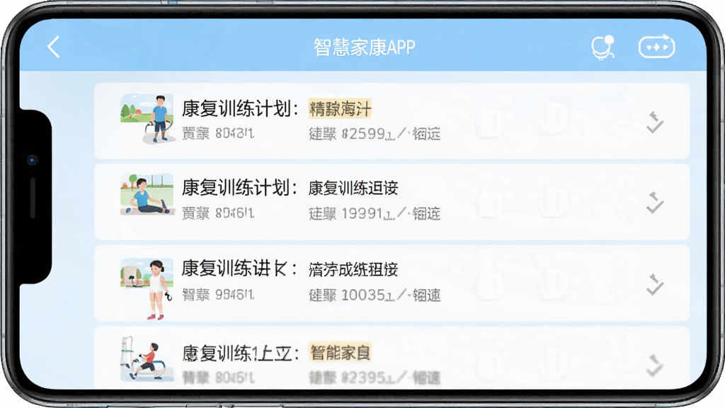 智慧家康APP界面截图,显示康复训练计划列表,布局清晰,以淡蓝色为主色调,页面干净,无多余元素,高画质