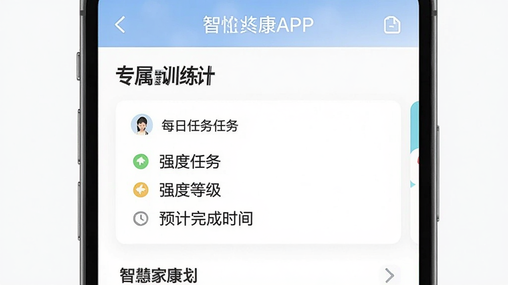 智慧家康APP个性化方案页面,展示专属训练计划卡片,包含每日任务、强度等级、预计完成时间,设计风格简洁清晰,画质干净,无多余元素