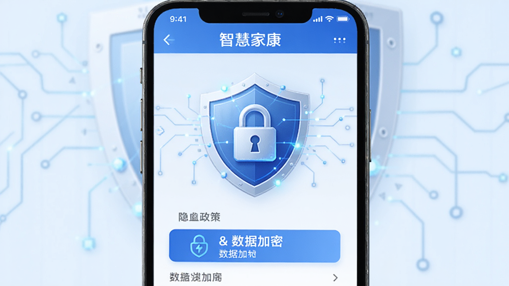 智慧家康APP个人信息保护界面,显示隐私政策与数据加密标识,背景使用盾牌与锁的图标,整体风格科技感且可信赖,画面干净,无多余元素