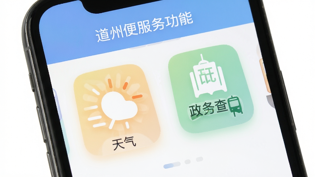 看道州便民服务功能界面,手机界面展示天气、公交、政务查询图标,设计简约,图标清晰,色彩柔和,画质干净,无多余元素