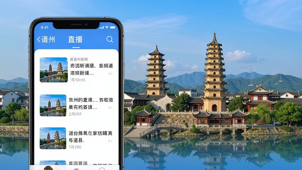 看道州APP界面展示,手机屏幕中显示新闻资讯列表和直播入口,背景为道县城市地标,高清画质,界面简洁现代,色彩明亮,无多余元素
