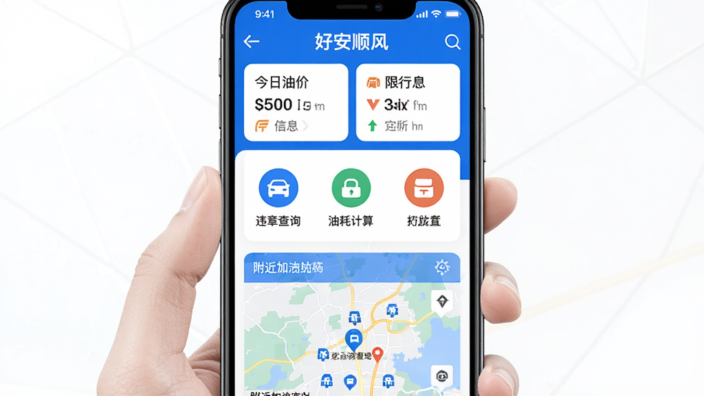 һ�������ֻ���Ļչʾ�ð�˳�糵��App�����棬���涥����ʾ�����ͼۡ�������Ϣ���м���Υ�²�ѯ���ͺļ����ͼ�꣬�·�Ϊ��������վ��ͼ�����岼�ּ��������ɫ������ɫ�Ͱ�ɫΪ�������ʸ���ɾ����޶���Ԫ��