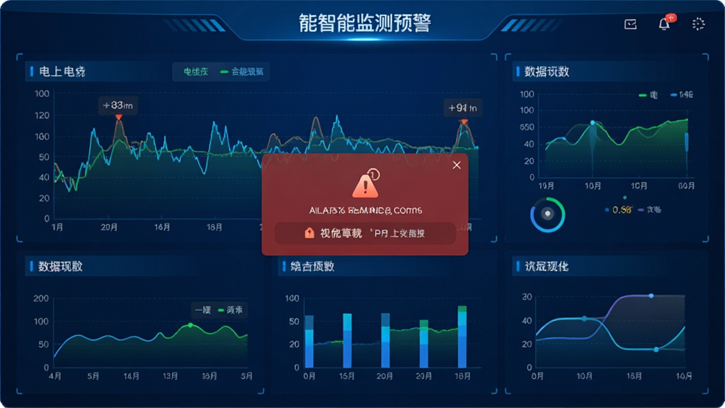 绑电虎 智能监测预警界面,显示电压电流曲线与报警弹窗,科技蓝背景,数据可视化图表,干净清晰,无多余元素