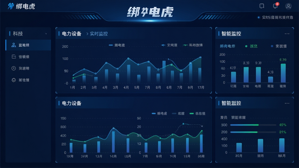 绑电虎 软件主界面,展示电力设备实时数据图表,深蓝科技感风格,干净背景,文字标注“绑电虎”智能监控,高清画质,布局清晰,无多余元素
