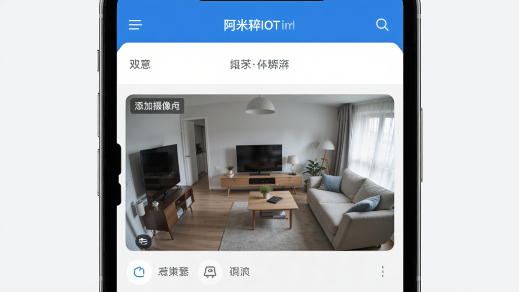 阿米粹IOT应用界面,显示添加摄像机成功后的实时画面预览,主体为手机屏幕中的监控画面,布局清晰,手机居中,浅色背景,排版简洁,风格写实,细节包括画面中的室内场景,画质高清,干净无多余元素