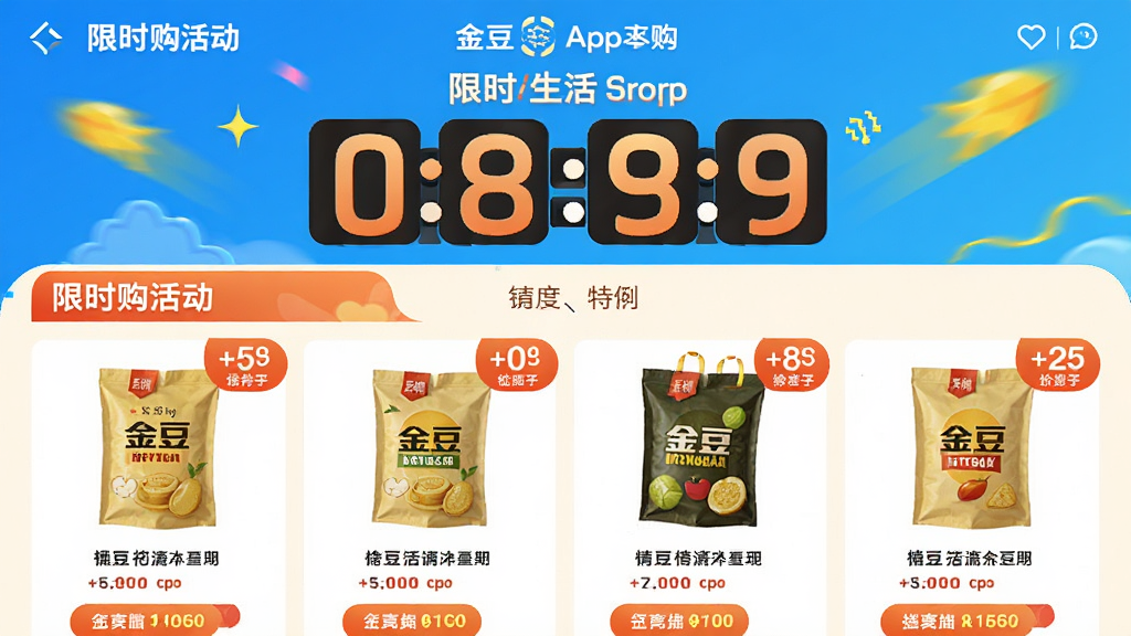 ������APP��ʱ���ҳ�棬����Ϊ����ʱ���ؼ���Ʒչʾ�����ֽ���ͻ��������Χ���Ű�ͼ�Ĳ�ï��������������ϸ�����ۿ۱�ǩ�������������ɾ��޶���Ԫ��
