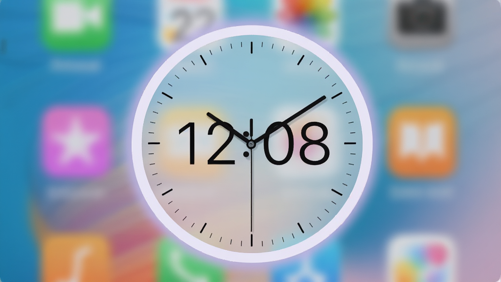 �ֻ���������һ���Զ����Բ��ʱ�ӣ���ʾʱ�䡰12:08����ʱ�ӱ�Ե�е���ɫ���Σ�����Ϊ��͸��ģ��Ч���������ֽΪ����ɫ������������Ψ����ϸ�ڷḻ�����ʸ���