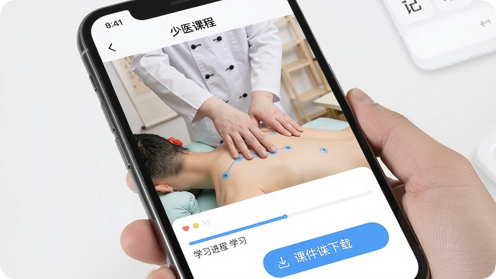 少医堂APP在线课程学习界面,手机屏幕展示中医推拿手法教学视频,视频画面中有讲师示范穴位按压动作,界面下方配有清晰的学习进度条和课件下载按钮,整体布局简洁明快,APP风格专业,浅色背景,高画质,干净,无多余元素