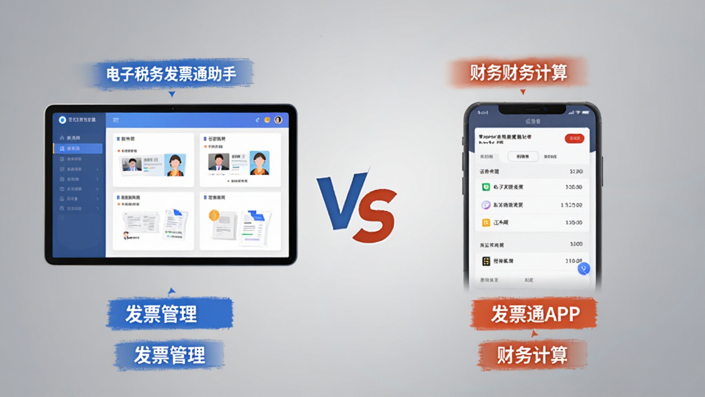 ����˰��Ʊͨ�����뷢ƱͨAPP�Ա�ʾ��ͼ�����Ϊ����˰��Ʊͨ���ֽ��棬�Ҳ�Ϊ��Ʊͨ���棬�м���VS���ŷָ�������Ϊ�����ɫ��ͻ�Թ��ܲ��죬���ֱ�ǩ������ע����Ʊ����������֤���ա�����������㡱�ȹؼ��ʡ�