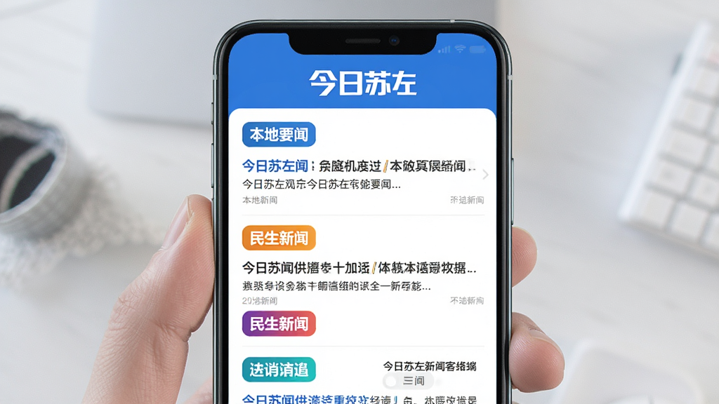手机屏幕展示今日苏左新闻客户端界面,上方为“今日苏左”品牌标识,中部是清晰的信息流列表,包含“本地要闻”、“民生新闻”等彩色标签,整体风格现代简约,采用蓝色与白色为主色调,界面干净整洁,画质高清,突出新闻阅读的沉浸感与权威性