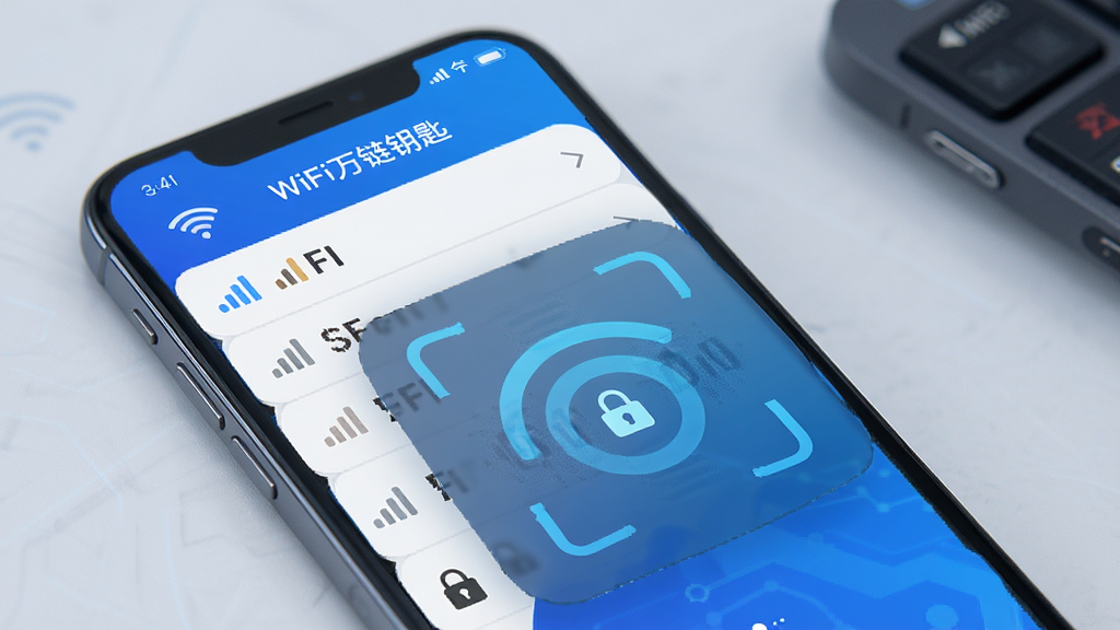 WiFi����Կ��Ӧ�ý���չʾ������Ϊ�ֻ���Ļ����Ļ�������ɼ�WiFi�б���ɨ�趯�������ּ�࣬�Ű�������������ɫ�Ƽ����ϸ�ڰ����ź�ǿ��ͼ�������ͼ�꣬���ʸ��壬�ɾ����޶���Ԫ�أ�������ʾ��WiFi����Կ�ס�