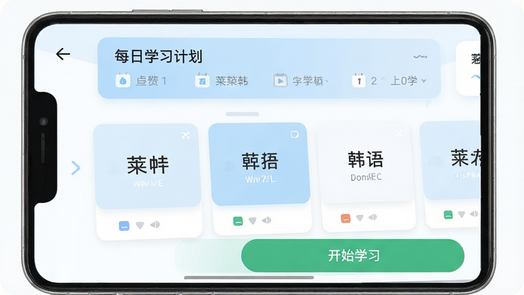 �ֻ���Ļչʾ���غ���ѧϰ������APP�����棬���������¼�Լ��������ʾ��ÿ��ѧϰ�ƻ�����Ƭ���м��ǵ��ʿ�Ƭ�ֲ�ͼ���ײ�Ϊ����ʼѧϰ������ɫ��ť�����岼�ֱ�ƽ����ɫ���Ե���ɫ�Ͱ�ɫΪ�������ʸɾ����޶���Ԫ��