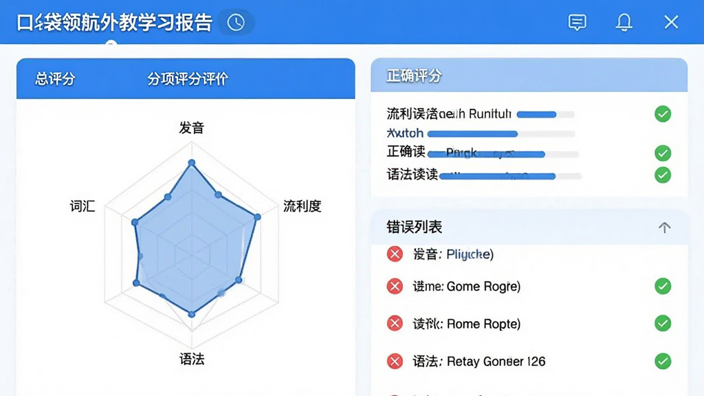 主体:口袋领航外教学习报告页面,展示发音评分和纠错列表。布局:左侧是雷达图,右侧是逐条错误及正确读法。排版:自上而下依次为总评分、分项评分、错误列表。风格:简约现代风,蓝白配色。细节:雷达图标注“发音”、“流利度”、“词汇”、“语法”四项,错误列表带红色叉号和绿色对号。画质:高清界面截图风格,干净无多余元素。