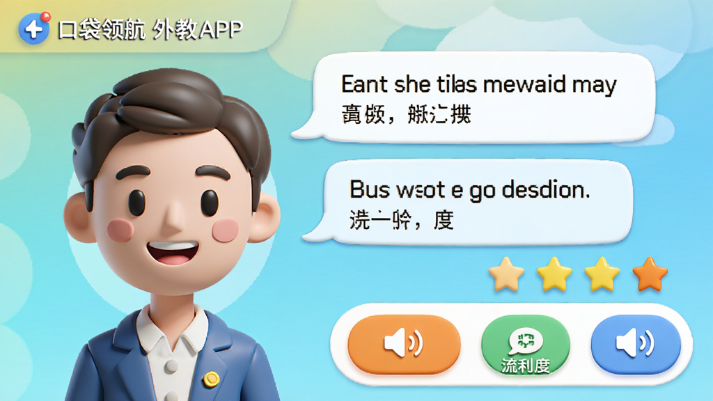 主体:口袋领航外教APP界面,一个虚拟外教头像与用户语音对话气泡。布局:左侧为虚拟外教卡通形象,右侧为对话文本和评分星星。排版:上下结构,上方显示对话,下方为功能按钮。风格:清新活泼的3D卡通风格,色彩明亮。细节:外教面带微笑,对话气泡中包含英文例句和中文翻译,评分区域有发音、流利度图标。画质:高清渲染,干净无多余元素。