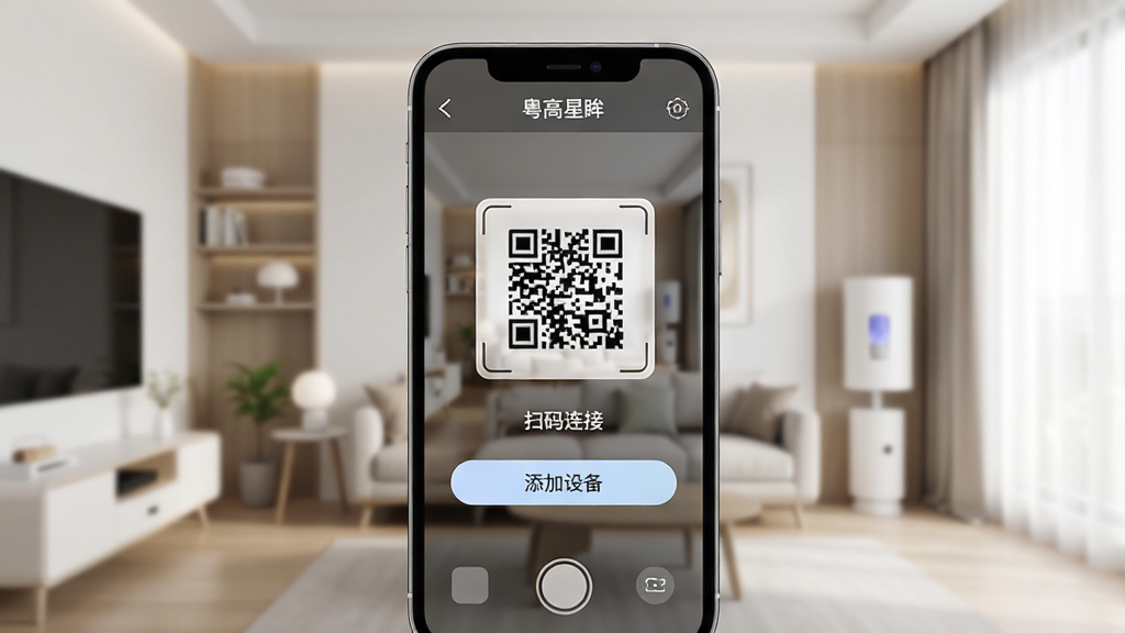 ��������APP��������ͷ���棬�ֻ���Ļ��ʾɨ����׼����ͷ������Ϊ�������ܼҾӻ��������沼�������������������豸����ť�͡�ɨ�����ӡ���ʾ��UI����ִ������ʸ��壬�ɾ��޶���Ԫ��