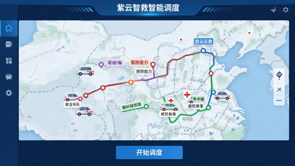 �����Ǿ����ܵ��Ƚ��棬�Ե�ͼ��ʽչʾ�Ȼ���ʵʱλ����ҽԺ������������ͼ�ϱ�ע��ͬ��ɫ�Ƽ�·�ߣ��ײ����С���ʼ���ȡ���ť����������ֱ�ۣ��Ƽ�����ɫ����ƽ����ƣ����ʸ��壬�޶���Ԫ��