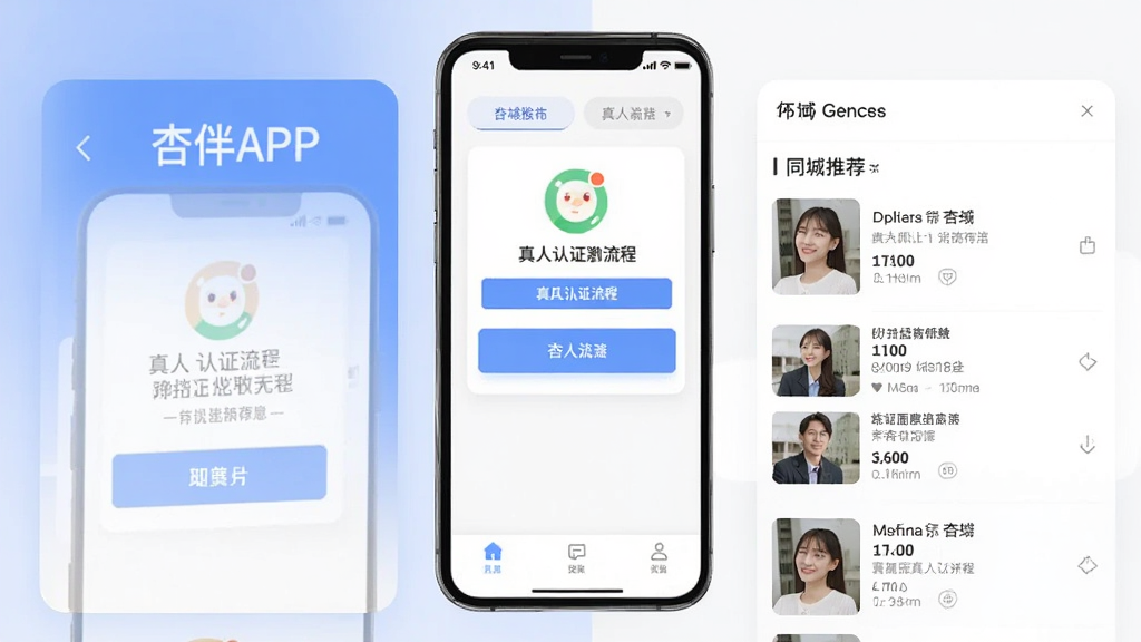 杏伴APP界面截图,展示真人认证流程和同城推荐列表,布局清晰,风格现代简约,高画质,干净无多余元素
