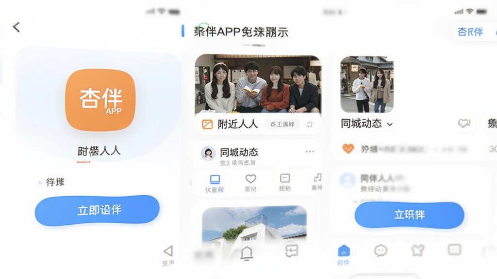 杏伴APP免费功能页面展示,包括附近的人、同城动态等,界面简洁直观,操作按钮清晰,风格清爽,高分辨率,干净无多余元素