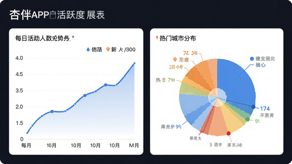 杏伴APP用户活跃度图表展示,包括每日活跃人数趋势、热门城市分布,数据可视化清晰,风格专业简洁,高画质,干净无多余元素